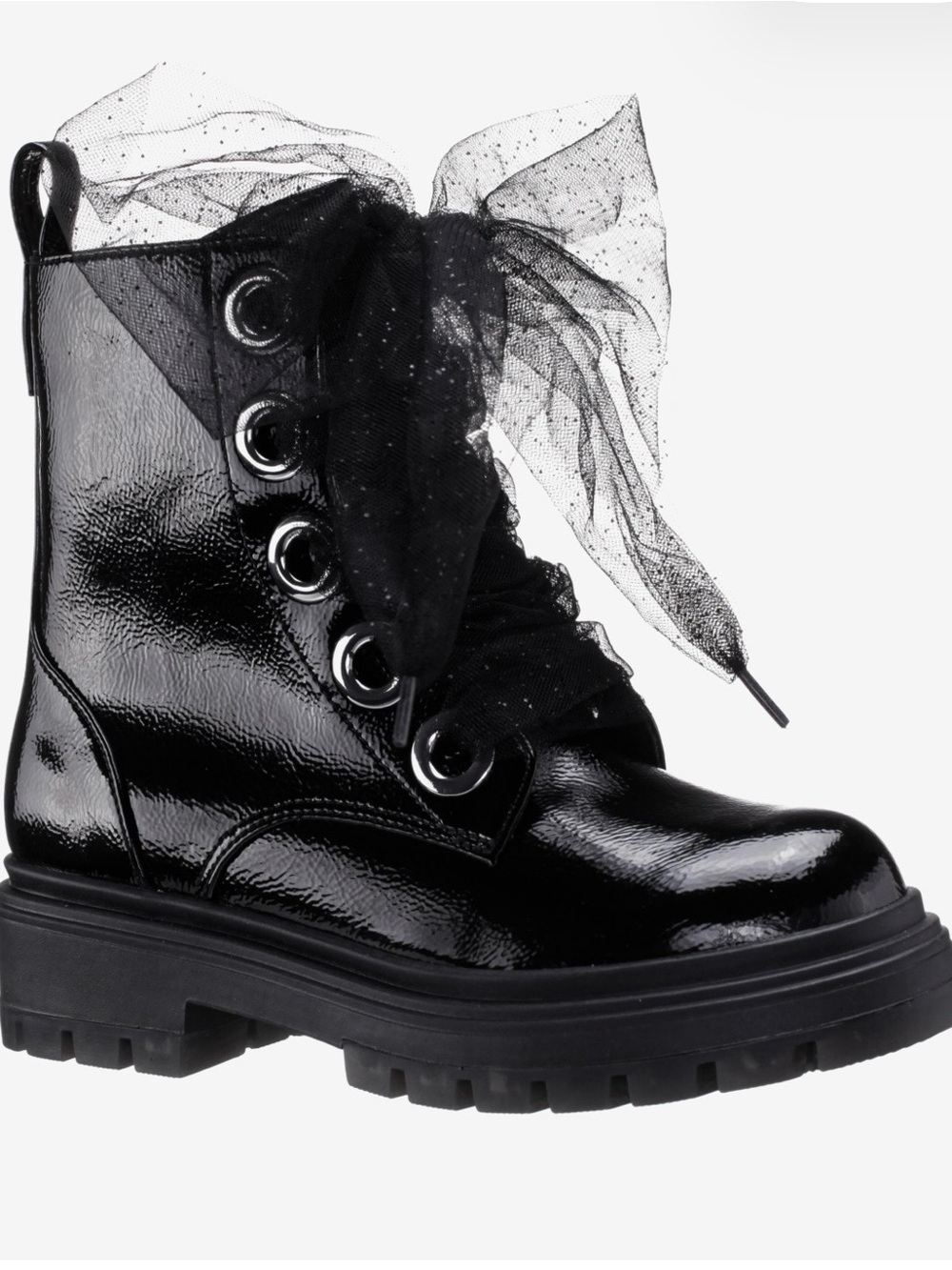 Nina CHASSY Girls Black Patent Combat Boots – Size 4